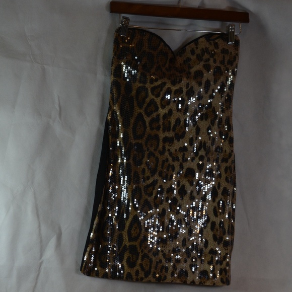Sequin Stretch Body Con Leopard Print Strapless Dress SZ L Parisian - Picture 2 of 6
